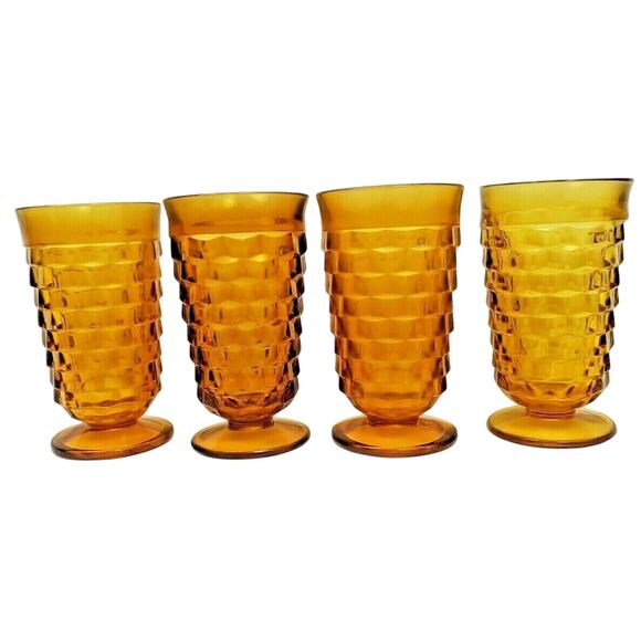 Set 4 Indiana Glass Whitehall Colony Cubist Cube Amber Harvest Gold Glasses Cups - Picture 1 of 4